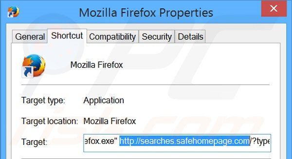 Verwijder de searches.safehomepage.com als doel van de Mozilla Firefox snelkoppeling 2