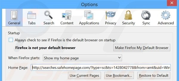 Verwijder de searches.safehomepage.com als startpagina in Mozilla Firefox
