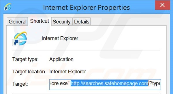 Verwijder searches.safehomepage.com als doel van de Internet Explorer snelkoppeling stap 2
