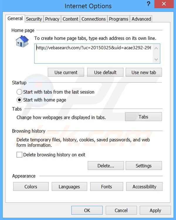 Verwijder vebasearch.com als startpagina in Internet Explorer