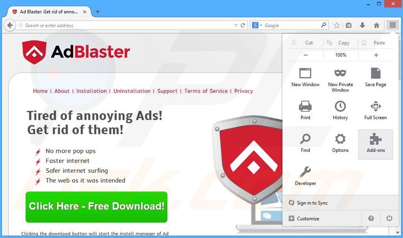 Verwijder Ad Blaster advertenties uit Mozilla Firefox stap 1