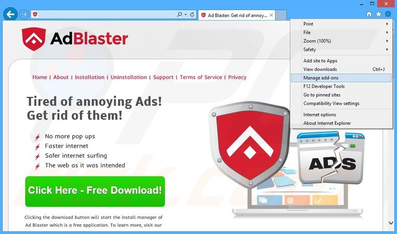 Verwijder de Ad Blaster advertenties uit Internet Explorer stap 1