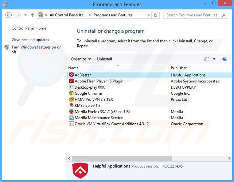 Ad Blaster adware verwijdering via het Controle Paneel
