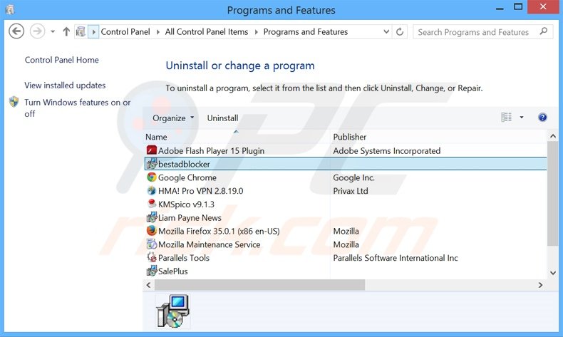 bestadblocker adware verwijdering via het Controle Paneel
