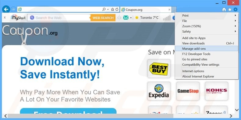 Verwijder de Coupoon advertenties uit Internet Explorer stap 1