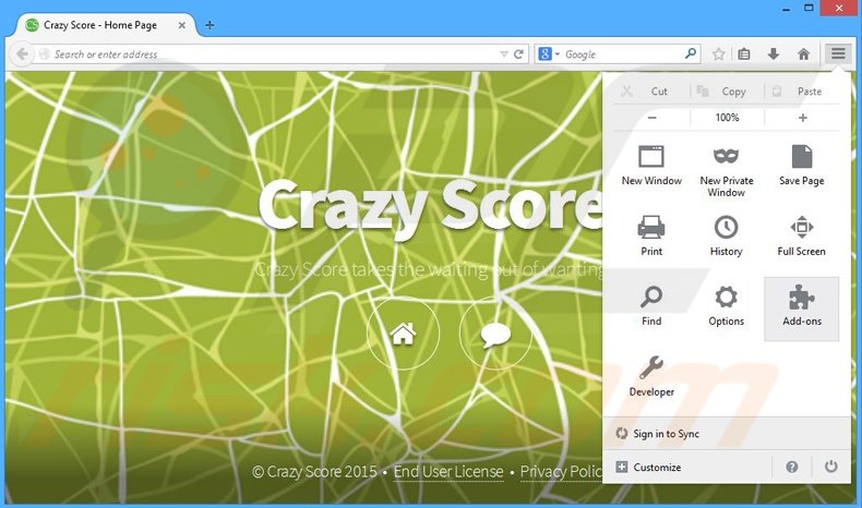 Verwijder de Crazy Score advertenties uit Mozilla Firefox stap 1