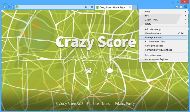 Verwijder de Crazy Score advertenties uit Internet Explorer stap 1