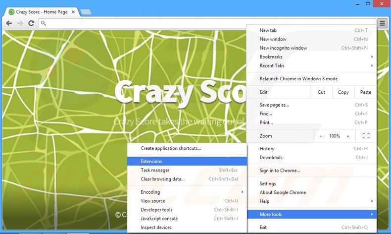 Verwijder de Crazy Score advertenties uit Google Chrome stap 1