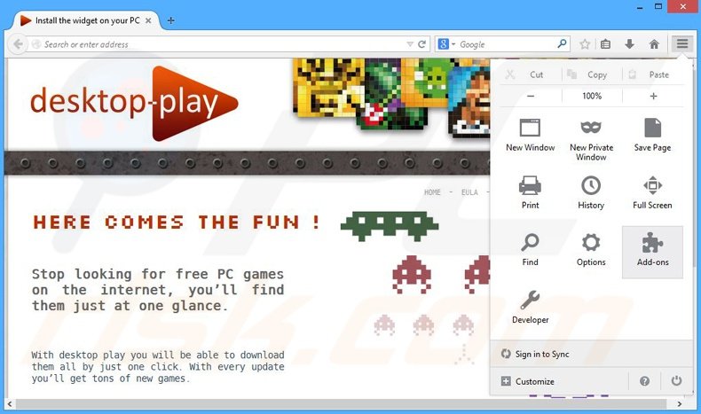 Verwijder de Desktop-play advertenties uit Mozilla Firefox stap 1