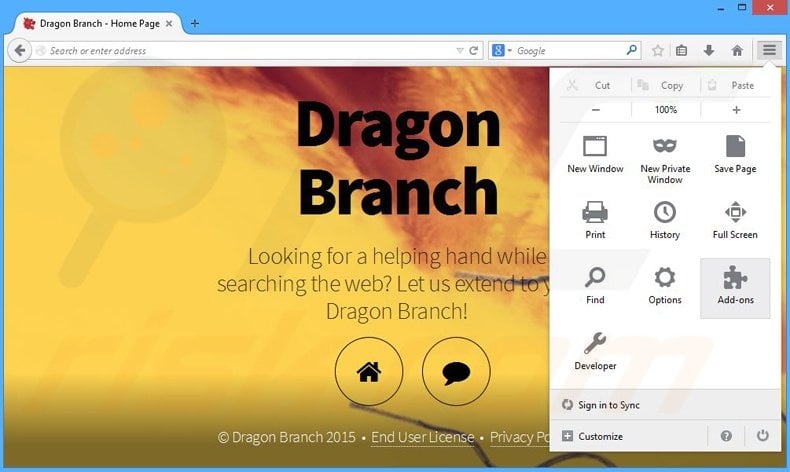 Verwijder de Dragon Branch advertenties uit Mozilla Firefox stap 1