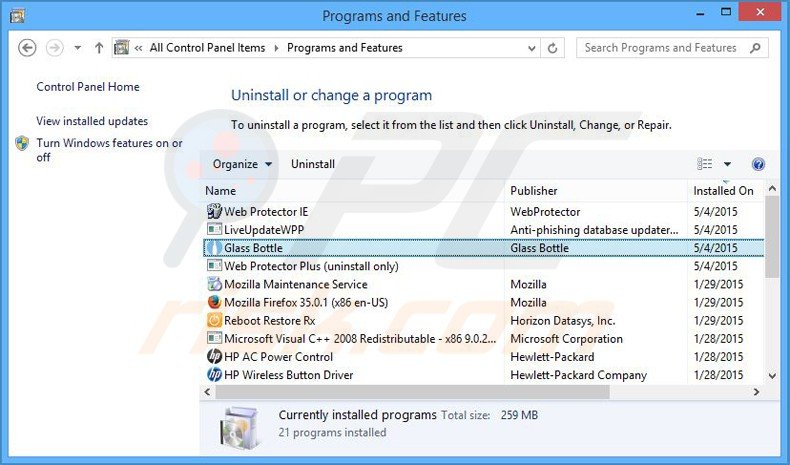 glass bottle adware verwijdering via het Controle Panel