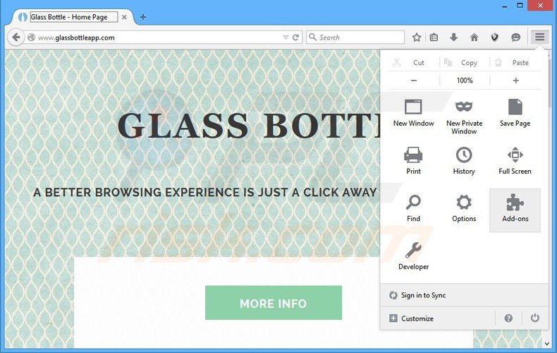Verwijder de glass bottle advertenties uit Mozilla Firefox stap 1