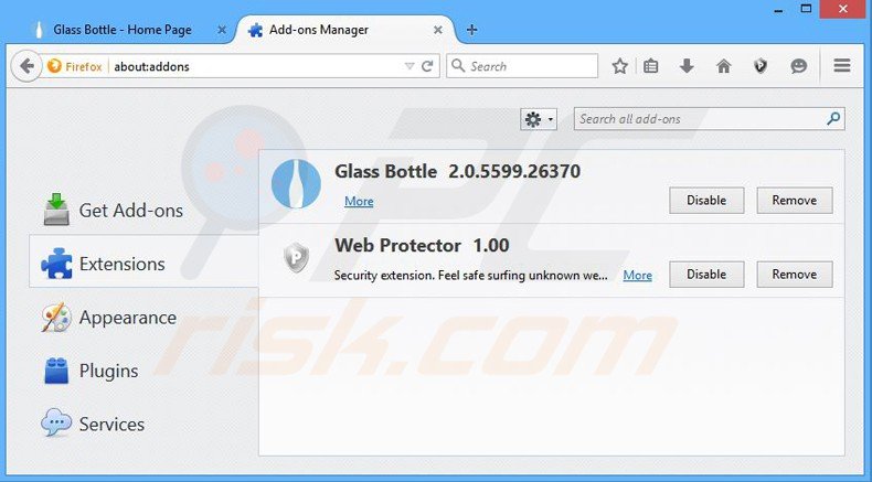 Verwijder de glass bottle advertenties uit Mozilla Firefox stap 2