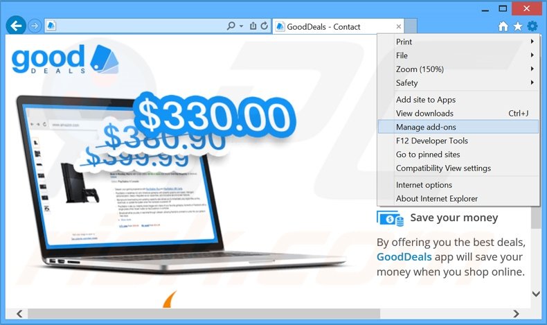 Verwijder de GoodDeals advertenties uit Internet Explorer stap 1