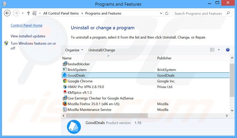 GoodDeals adware verwijdering via het Controle Paneel