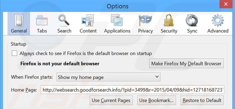 Verwijder websearch.goodforsearch.info als startpagina in Mozilla Firefox