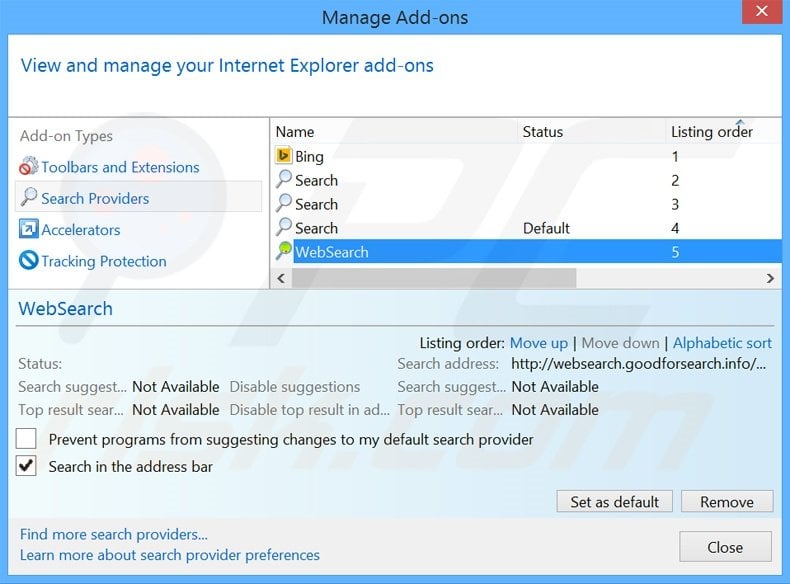 Verwijder websearch.goodforsearch.info als standaard zoekmachine uit Internet Explorer