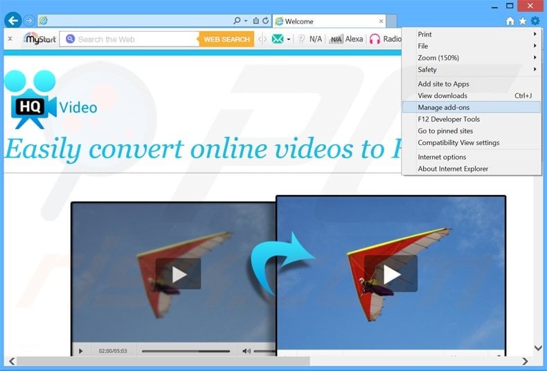 Verwijder de HQ Video Pro advertenties uit Internet Explorer stap 1