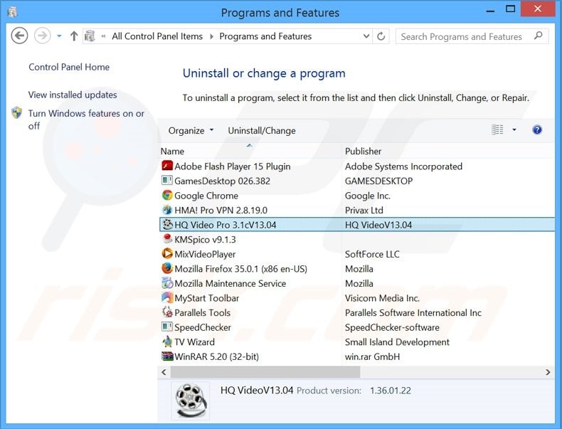 HQ Video Pro adware verwijdering via het Controle Paneel