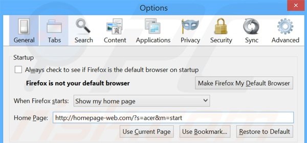 Verwijder homepage-web.com als startpagina in Mozilla Firefox