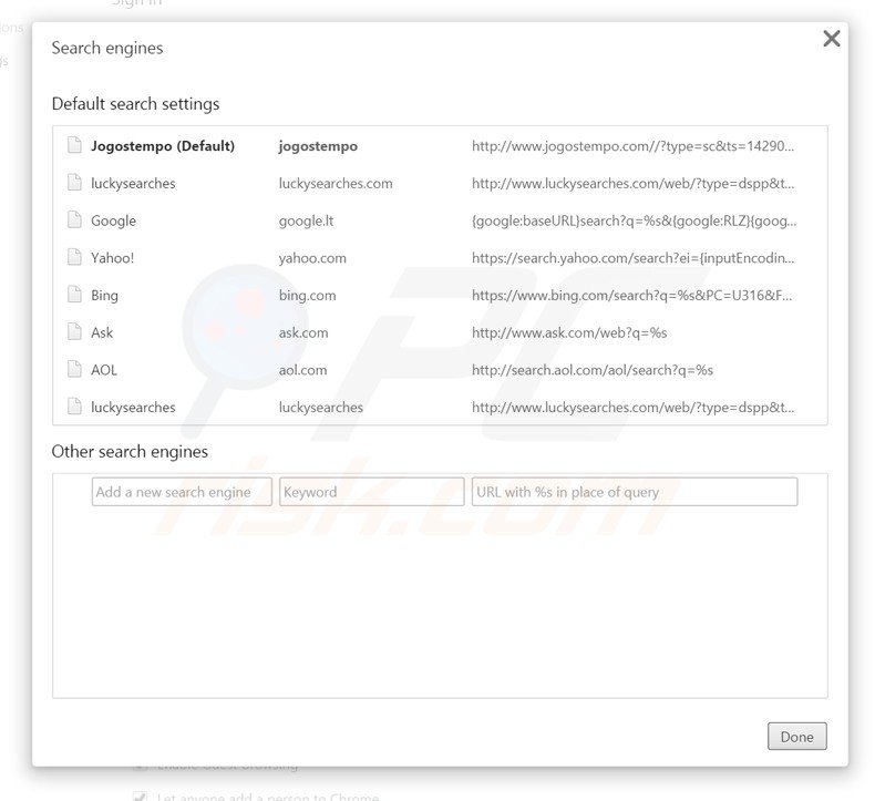 Removing jogostempo.com from Google Chrome default Internet search engine