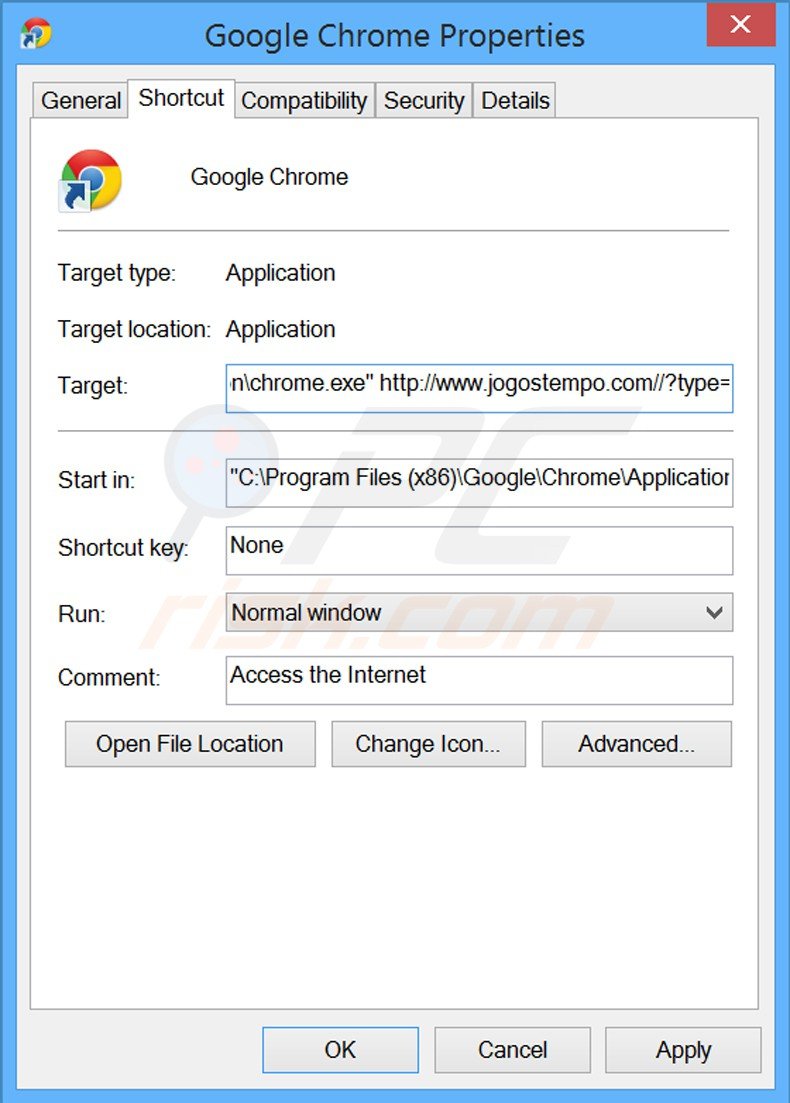 Verwijder jogostempo.com als doel van de Google Chrome snelkoppeling stap 2