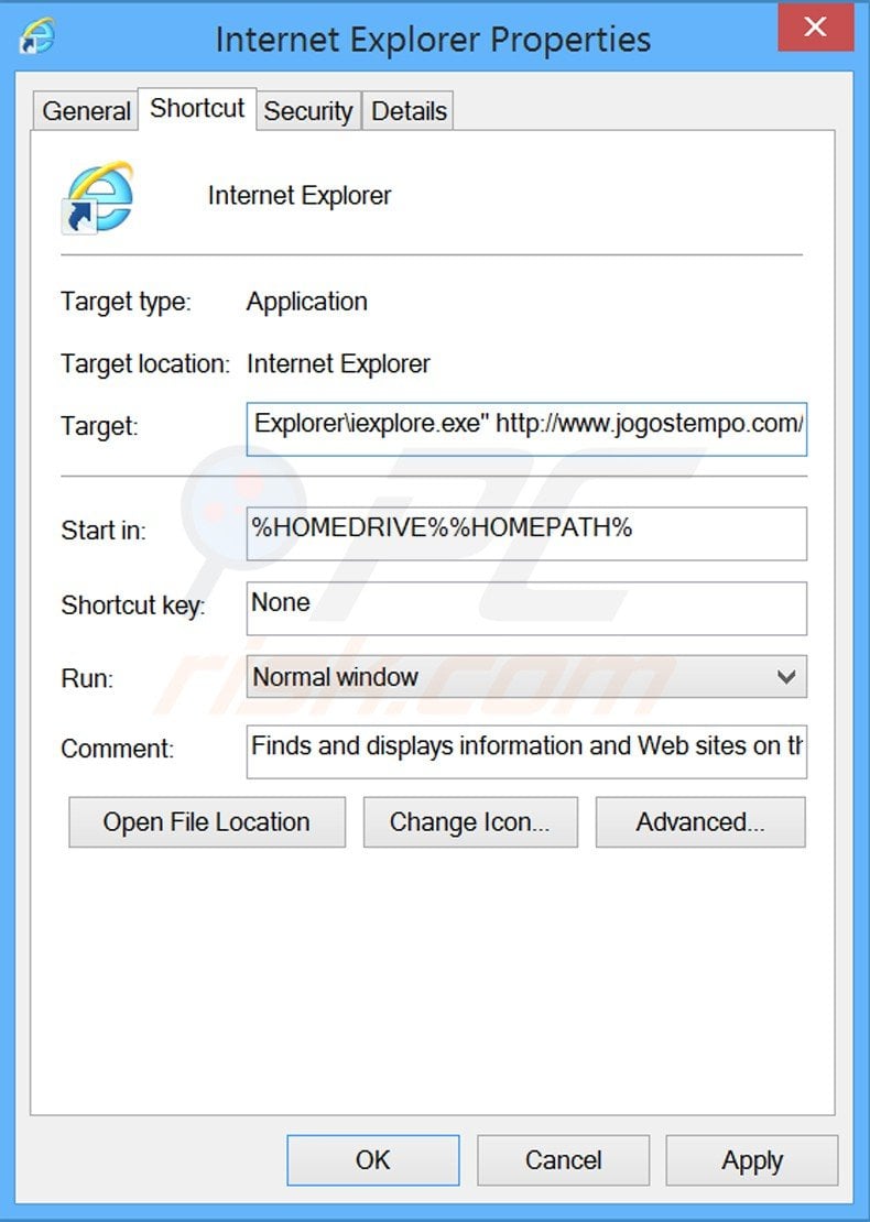 Verwijder jogostempo.com als doel van de Internet Explorer snelkoppeling stap 2