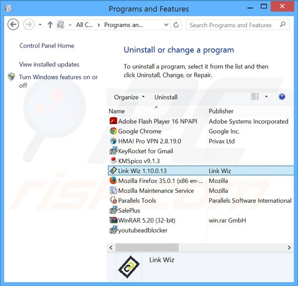 LinkWiz adware verwijdering via het Controle Paneel