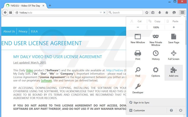 Verwijder de My Daily Video advertenties uit Mozilla Firefox stap 1