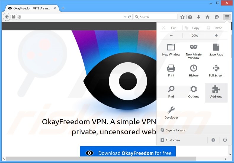 Verwijder de OkayFreedom advertenties uit Mozilla Firefox stap 1