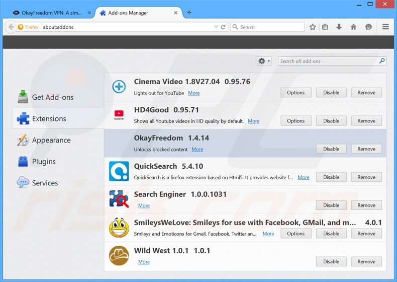 Verwijder de OkayFreedom advertenties uit Mozilla Firefox stap 2