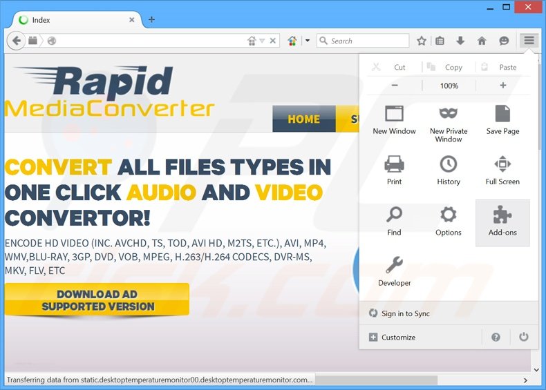 Verwijder de Rapid Media Converter advertenties uit Mozilla Firefox stap 1