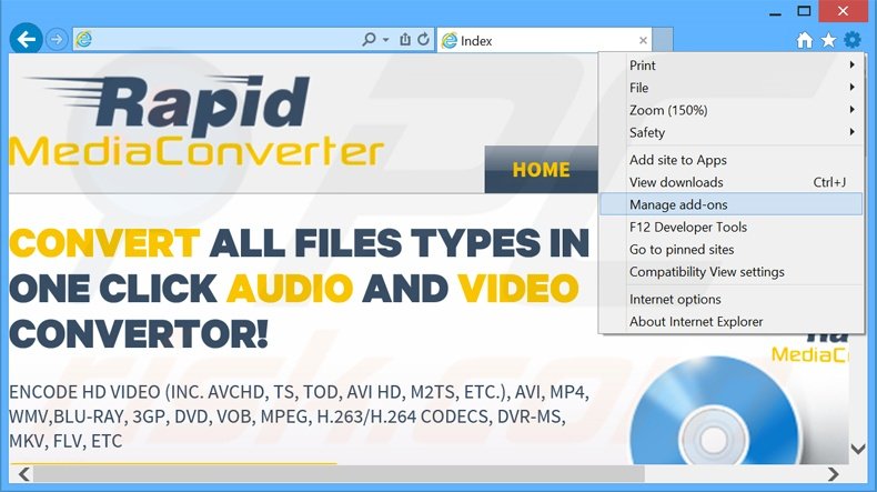 Verwijder de Rapid Media Converter advertenties uit Internet Explorer stap 1
