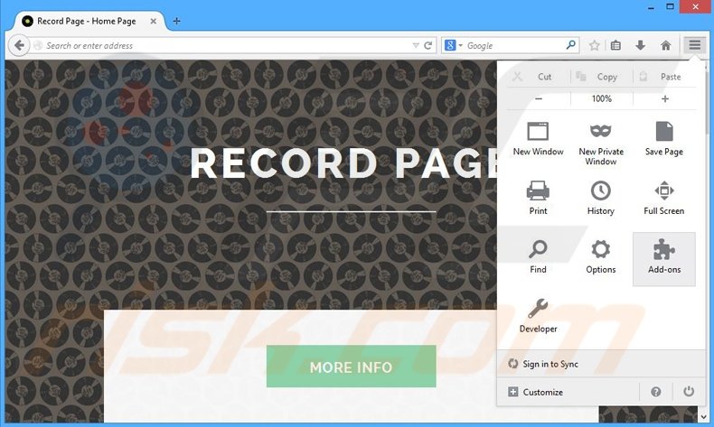 Verwijder de Record Page advertenties uit Mozilla Firefox stap 1