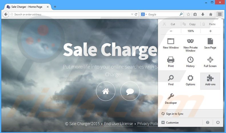Verwijder de Sale Charger advertenties uit Mozilla Firefox stap 1