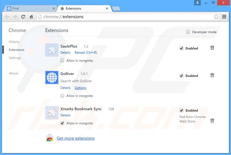 Verwijder aan search.golliver.com gerelateerde Google Chrome extensies