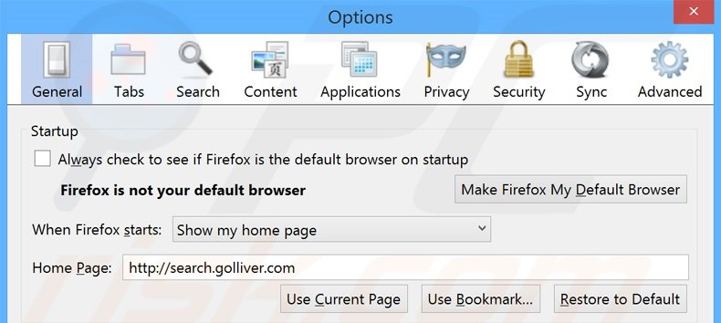 Verwijder search.golliver.com als Mozilla Firefox startpagina