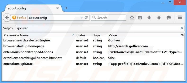 Verwijder search.golliver.com als standaard zoekmachine in Mozilla Firefox