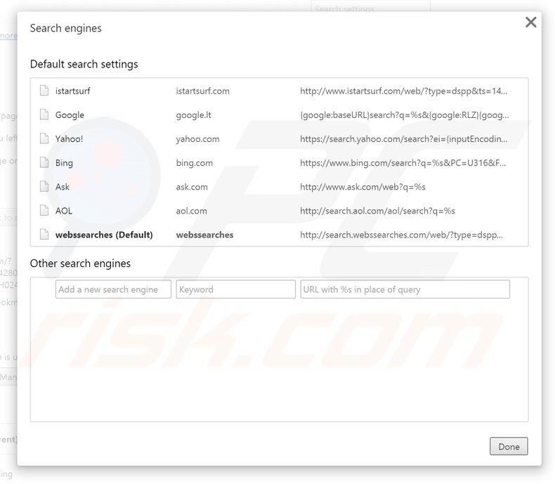 Verwijder search.webssearches.com als standaard zoekmachine in Google Chrome