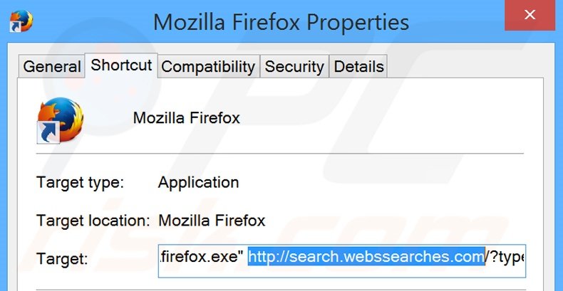 Verwijder search.webssearches.com als doel van de Mozilla Firefox snelkoppeling stap 2