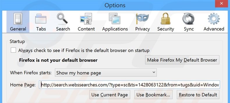 Verwijder search.webssearches.com als startpagina in Mozilla Firefox