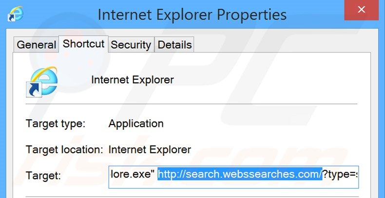 Verwijder search.webssearches.com als doel van de Internet Explorer snelkoppeling stap 2