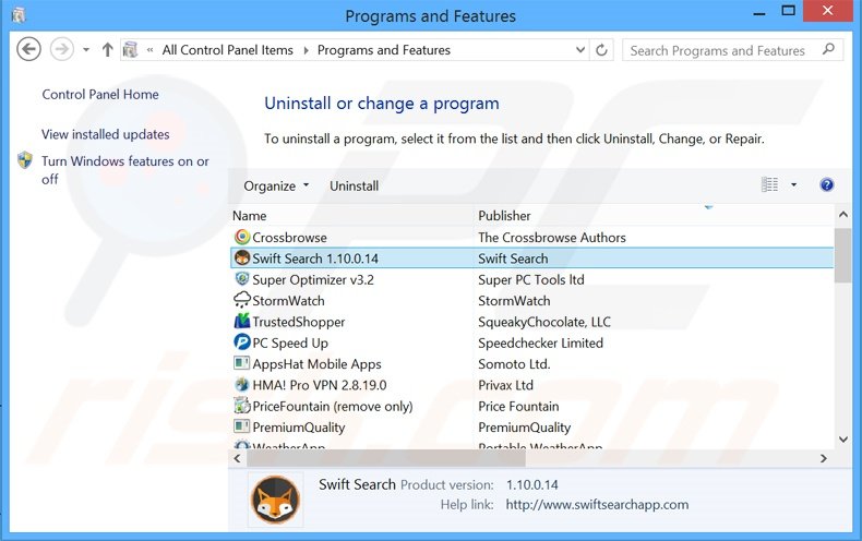 Swift Search adware verwijdering via het Controle Paneel