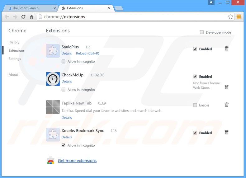 Verwijder aan thesmartsearch.net gerelateerde Google Chrome extensies