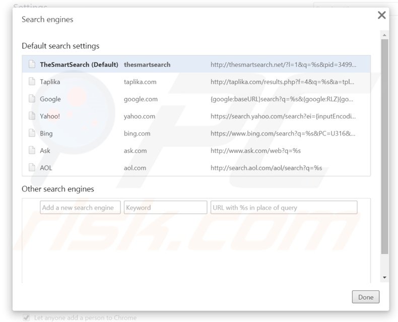 Verwijder thesmartsearch.net als standaard zoekmachine in Google Chrome