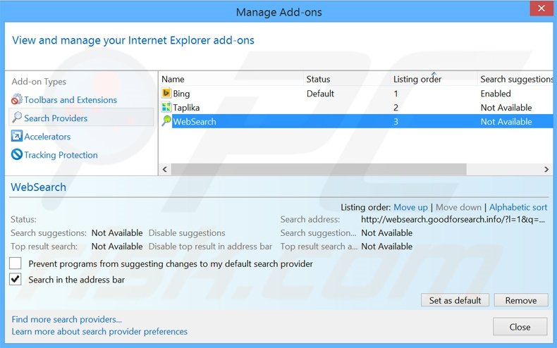 Verwijder thesmartsearch.net als standaard zoekmachine in Internet Explorer