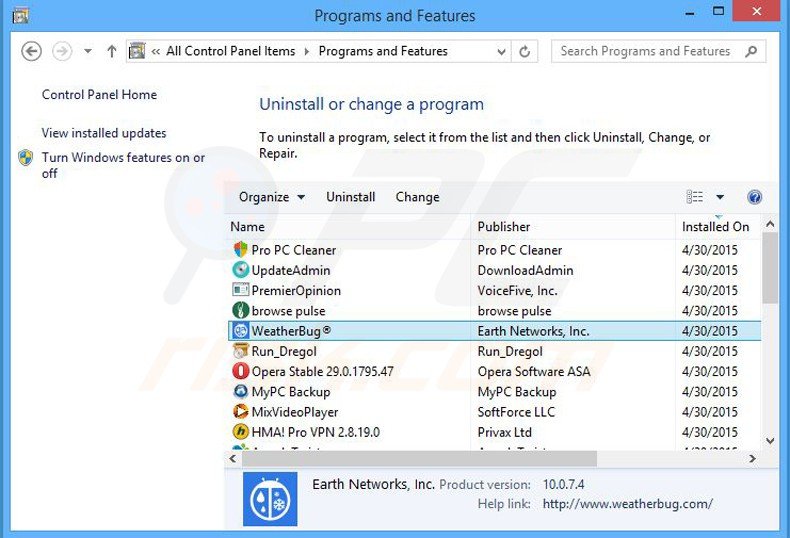 weatherbug adware verwijdering via het Controle Paneel