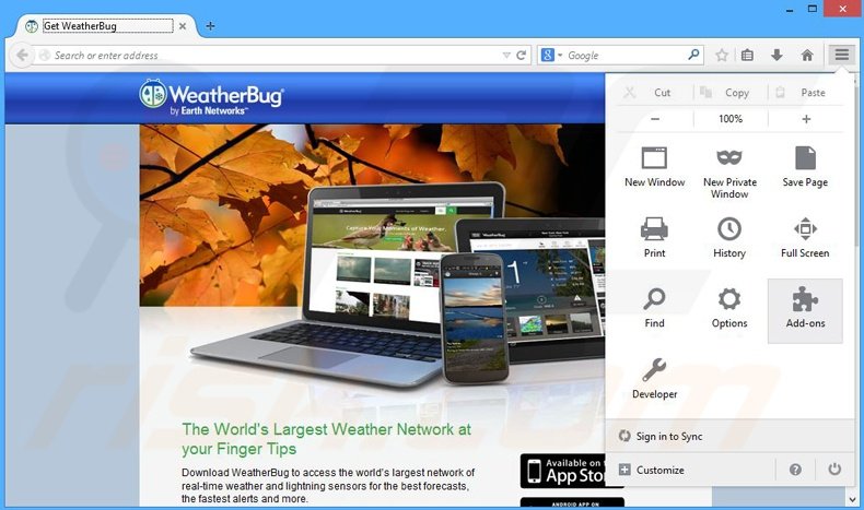 Verwijder aan WeatherBug gerelateerde adware uit Mozilla Firefox stap 1
