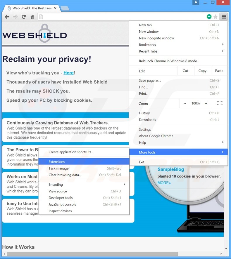 Verwijder de Web Shield  advertenties uit Google Chrome stap 1