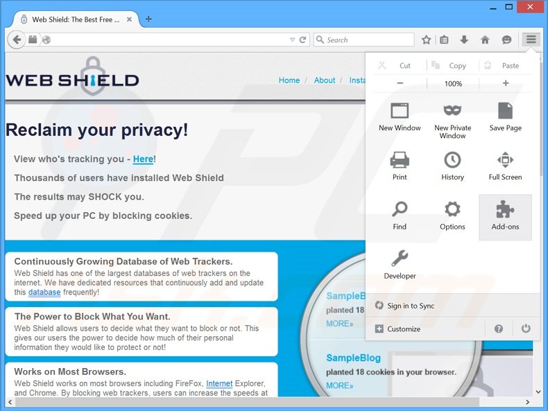 Verwijder de Web Shield advertenties uit Mozilla Firefox stap 1